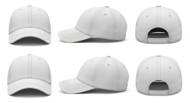 Blank White Baseball Caps in Various Angles on White Background.