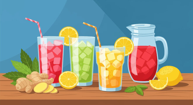 Vector illustration of colorful cold drinks in glasses and a pitcher with ice, garnished with lemon slices, ginger root, and mint leaves on a wooden table against a blue background.