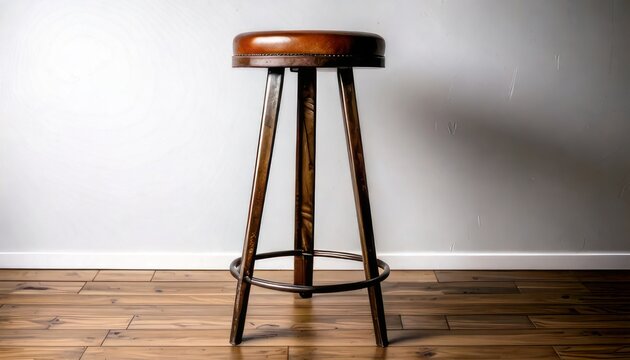 Elegant wooden bar stool against a white wall backdrop.