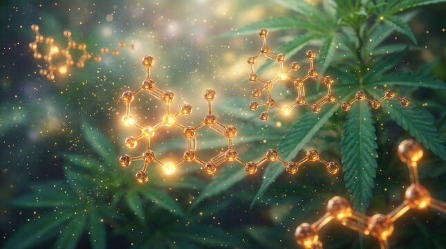 Abstract Scientific Representation of CBD Molecule over Green Cannabis Leaves
