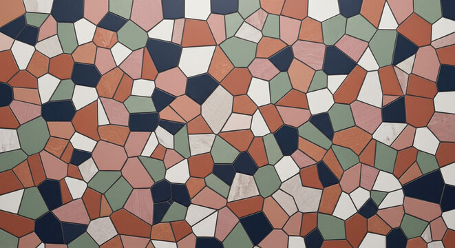 Geometric Voronoi Mosaic Tile Pattern in Navy Terracotta and Sage &mdash; Abstract Flat Lay Design Background