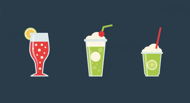 Flat vector illustration set of three drinks: a red cocktail with lime, a green milkshake topped with whipped cream and a cherry, and a green juice with foam on a dark blue background.