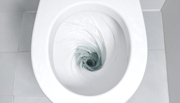 A swirling toilet bowl viewed from above on tiled floor