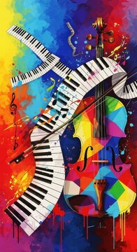 Colorful Abstract Painting of Musical Instruments and Notes.