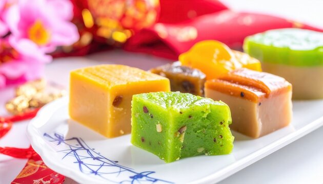 Assortment of Chewy Rice Cakes Nian Gao with Glossy Surfaces Glistening on a Plate