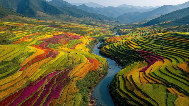 Fotograf&iacute;a de naturaleza con campos de arroz en China creada con IA generativa, paisaje agr&iacute;cola tradicional en terrazas escalonadas.