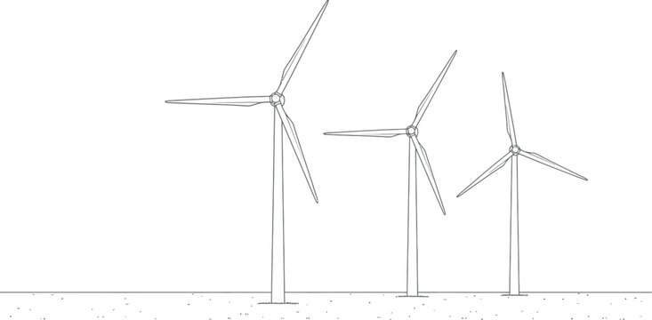 Outline drawing of a trio of tall wind turbines, rotating blades harnessing clean energy from the wind, symbolizing sustainable power generation and environmental responsibility in a modern world.