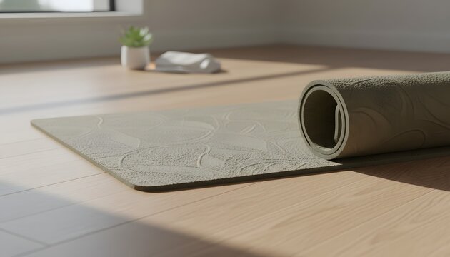 Green yoga mat unrolled on wooden floor for International Day of Yoga concept, morning exercise in bright studio with plant and towel, wellness and mindfulness lifestyle background setup