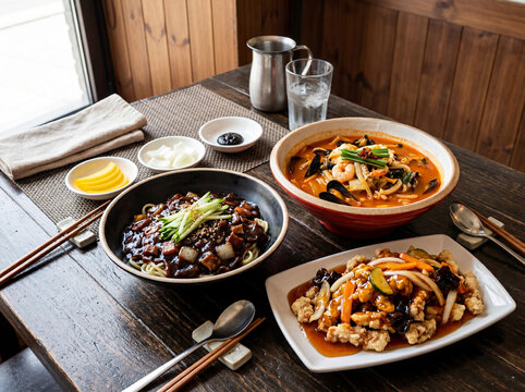 Korean Chinese Food Set with Jajangmyeon Jjamppong and Tangsuyuk