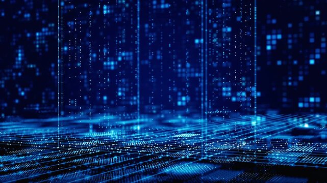 Futuristic Blue Digital Data Grid Background with Cyber Technology Network, Big Data Flow. Animation 4K. 3D Rendering.