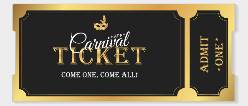 Carnival ticket template in luxury gold and black. Horizontal vector with mask icon and ornate border for masquerade event admission, party invitation, and celebration design.