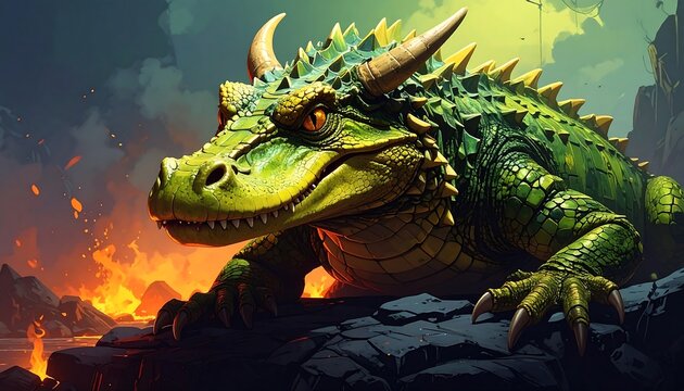 A fierce, green, horned reptile with textured scales and fiery eyes gazes intently from rocky terrain, flames in background