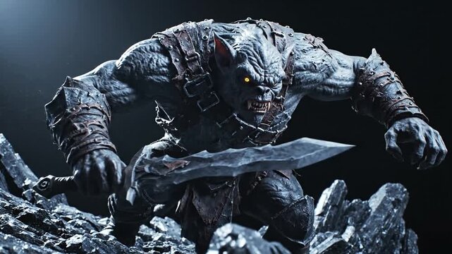 Fierce fantasy orc warrior standing on a rocky battlefield with a large sword.