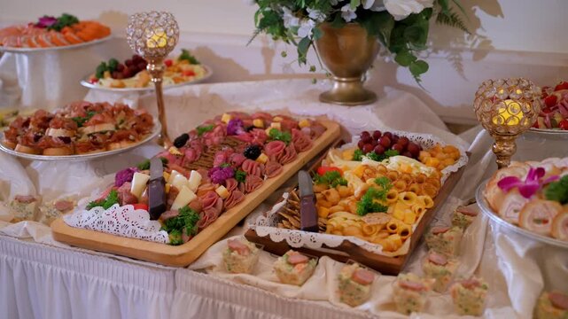 Desert trays with candies, cookies, cakes and fruits at the celebration party in the venue. Move camera view