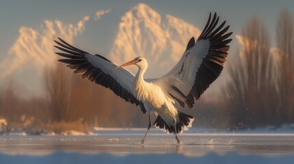 Fototapeta premium Crane in flight landing on frozen lake, mountains backdrop