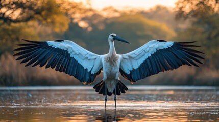 Fototapeta premium Crane with outstretched wings over water at dawn