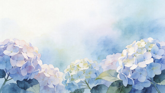 Watercolor hydrangea flower border with soft blue sky and copy space