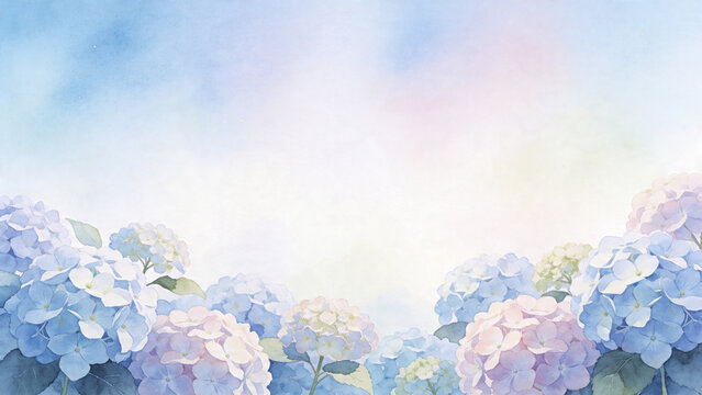 Watercolor hydrangea flower border with soft blue sky and copy space