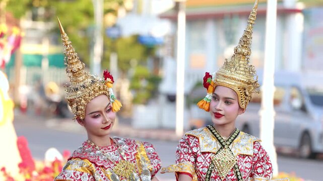 Two Thai Khon Dancers in Traditional Costume Perform in Bangkok