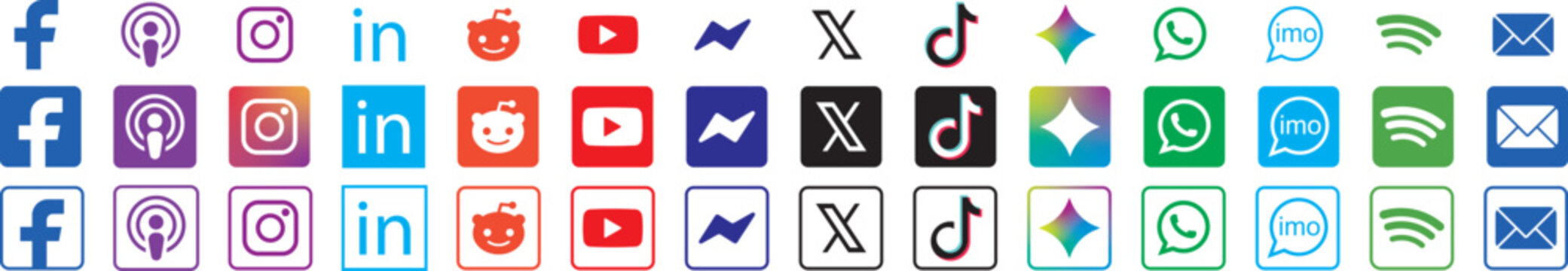 Latest 2026 Social media icons vector set. Social network logos collection. Instagram, Facebook, YouTube, X , WhatsApp, LinkedIn, TikTok, logo icon set 2026.  In square, round, outline styles