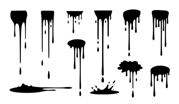 Black ink drip and splash silhouettes vector with flowing liquid shapes and falling droplets isolated on white