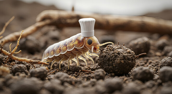 Pill Bug Wearing a Chef Hat on Mud with a Truffle in a Close-Up Shot Macro Photography Brown Colors Humorous Concept