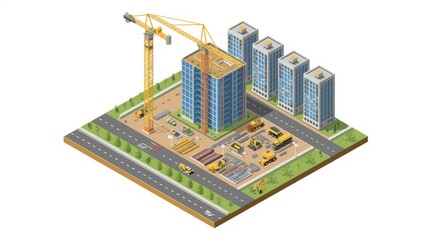 Obraz premium Isometric view of a developing urban residential and commercial area with construction activity isolated on white background
