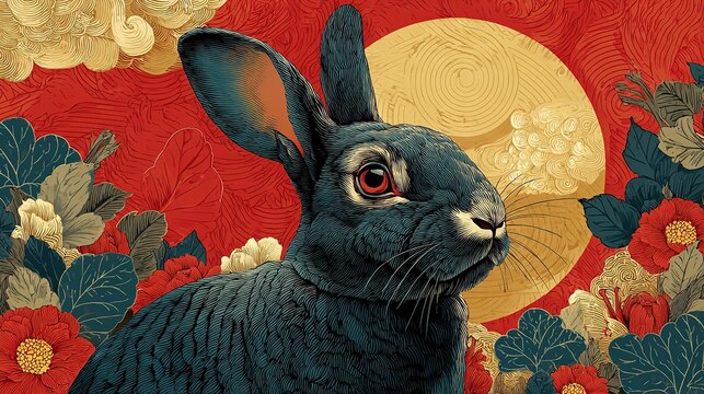 Ilustraci&oacute;n estilo chino de conejo con sol radiante, p&oacute;ster de A&ntilde;o Nuevo chino creado con IA generativa.