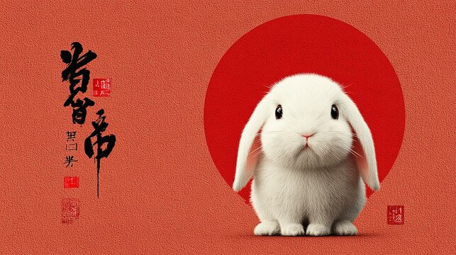 Ilustraci&oacute;n estilo chino de conejo con sol radiante, p&oacute;ster de A&ntilde;o Nuevo chino creado con IA generativa.