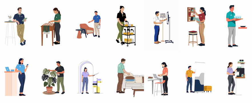 Diverse set of service staff illustrations performing tasks like hosting, catering, tech support, and office management for events and co-working spaces.