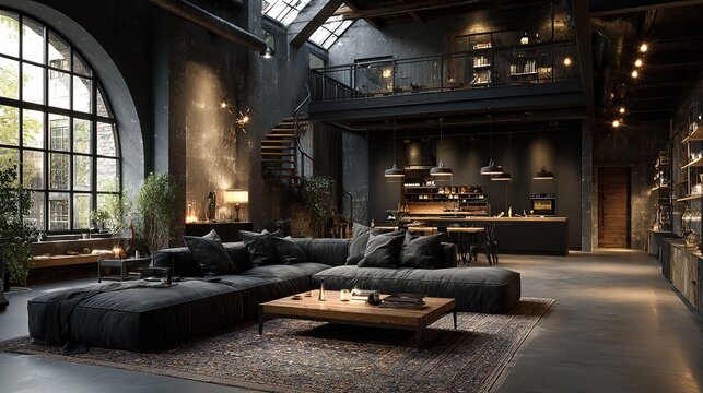 Loft estudio de dise&ntilde;o de lujo con mobiliario oscuro creado con IA generativa, espacio creativo sofisticado con est&eacute;tica contempor&aacute;nea industrial. 