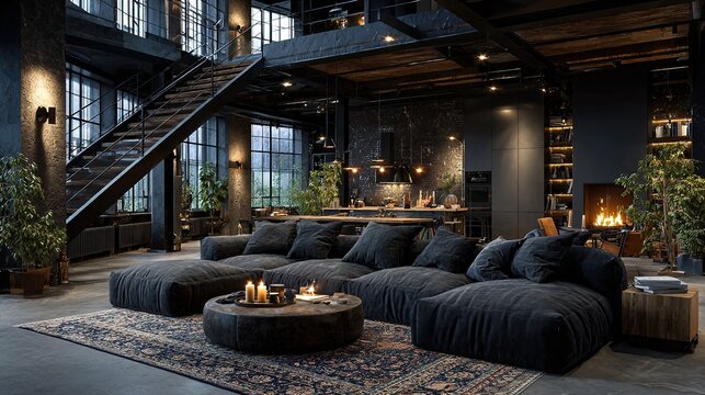 Loft estudio de dise&ntilde;o de lujo con mobiliario oscuro creado con IA generativa, espacio creativo sofisticado con est&eacute;tica contempor&aacute;nea industrial. 