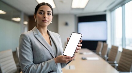 Fototapeta premium Professional woman in a suit holding a smartphone with a blank screen in a modern boardroom