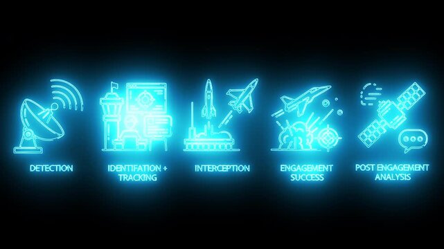 Glowing blue neon icons depicting various military operations on a black background with labels.