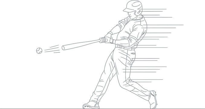 Dynamic line art illustration of a professional baseball player hitting a fastball with full power and precision, showcasing the intense moment of impact during a game or practice session.