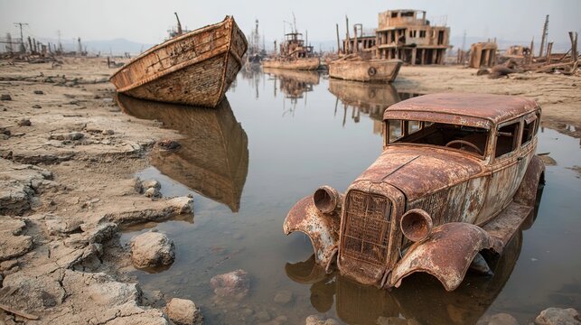 Paisaje destruido por la sequ&iacute;a con oc&eacute;ano seco, barcos varados y coches oxidados, cambio clim&aacute;tico creado con IA generativa.
