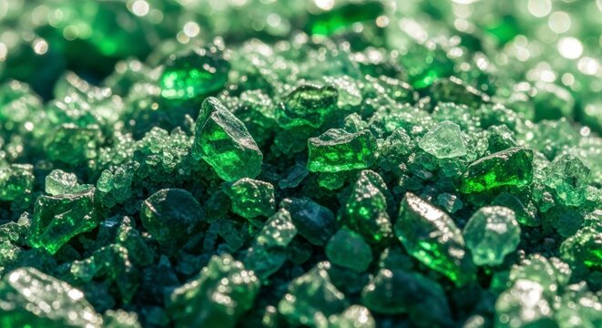 Pile of small shiny green crystals.