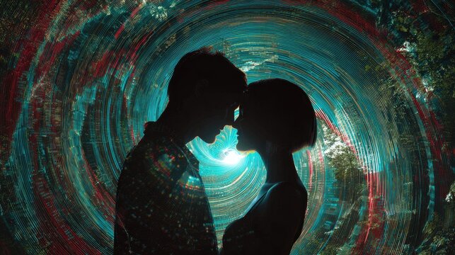 Silhouetted couple sharing an intimate moment in a vibrant, swirling cosmic background