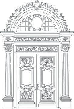 Elegant line art drawing of a grand classical double door entrance featuring ornate decorative carvings, fluted columns, and a majestic arched transom window, ideal for architectural design projects.