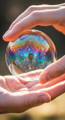 Obraz premium Hands holding large iridescent crystal ball.