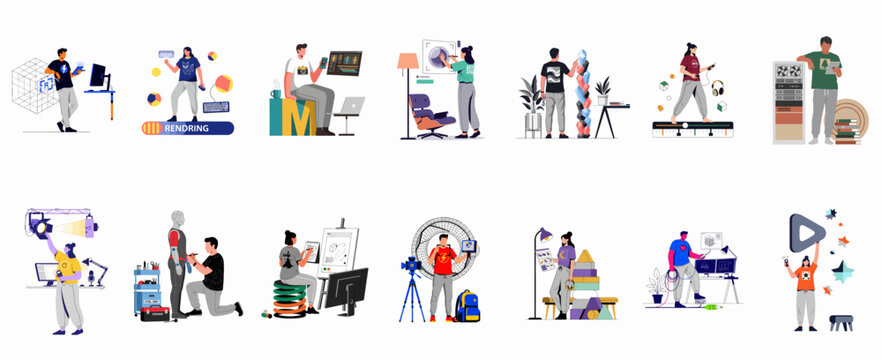 Diverse collection of 12 flat illustrations depicting creative professionals engaged in various digital and physical design, media, and technology production tasks.