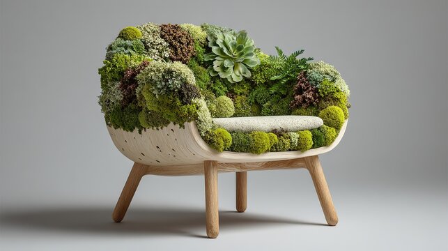 Sill&oacute;n org&aacute;nico hecho con plantas y vegetaci&oacute;n natural creada con IA generativa fusionando mobiliario y jard&iacute;n viviente