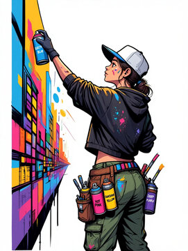 Street Art Graffiti Girl Character Painting Vibrant Abstract Mural Comic Style Vector Illustration