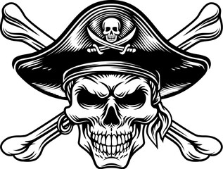 Fototapeta premium Pirate skull crossbones wearing a tricorn captain hat with crossing bones. In a vintage retro woodcut style.