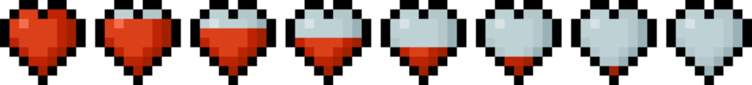 Pixel art heart icons health bar gauge video game asset UI retro 8 bit. Life progress indicator full and empty states for fantasy video game. Multiple fill levels HUD, RPG interface, status display