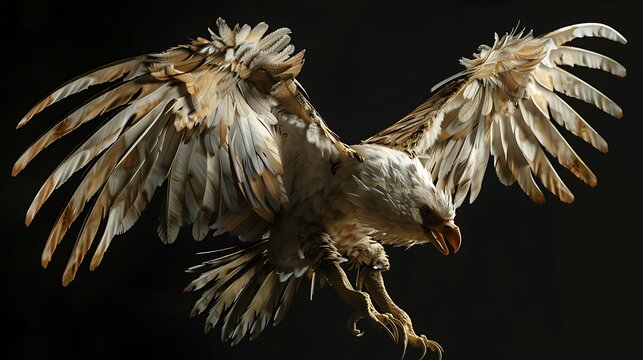 Eagle glides with expansive, textured wings spread wide against a deep, dramatic black background.