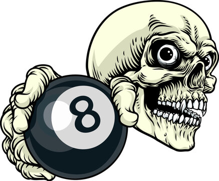 A grim reaper or death skeleton sports team or Halloween event mascot holding an eight ball pool billiards ball