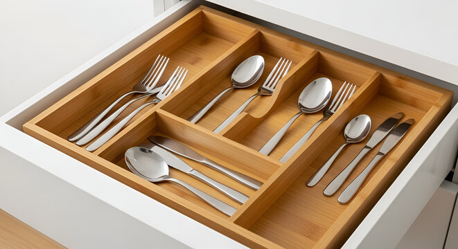 Silver forks spoons and knives organized in a wooden drawer divider for kitchen storage and cutlery organization angled view