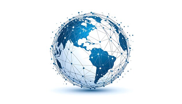 A digital representation of the Earth, rendered as a globe with interconnected nodes and lines. It is set against a clean white backdrop