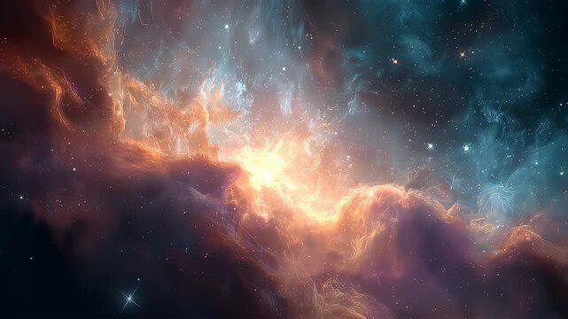 Supernova nebula and stars in glowing cosmic space, mysterious universe illustration background
